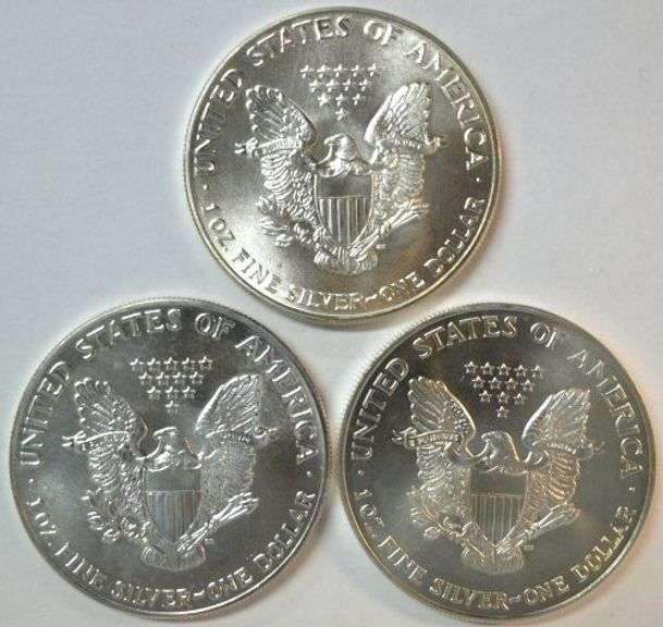 3 Better Date Superb Gem BU $1 Silver Eagles: 1986, 1987, & 1995