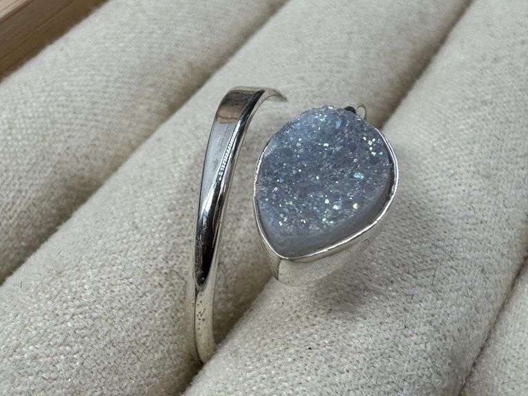 Sterling Silver 925 Titanium Coated Druzy Agate Crystal Stone Ring Adjustable Spoon Band