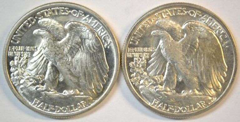 Blazing Gem BU 1942 and 1945 'P' Mint Walking Liberty Half Dollars