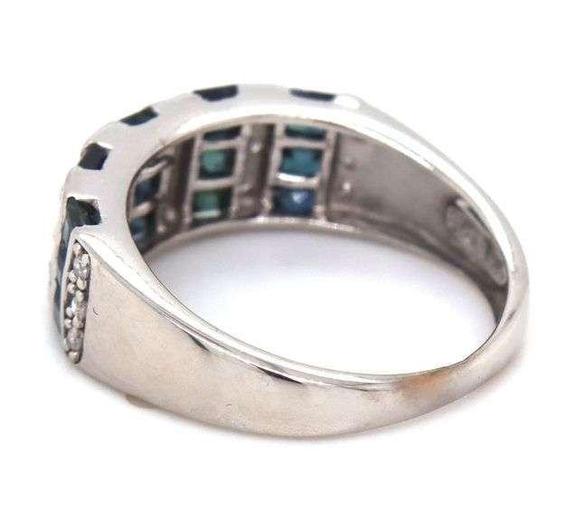 14kt White gold channel set square sapphire and diamond ring