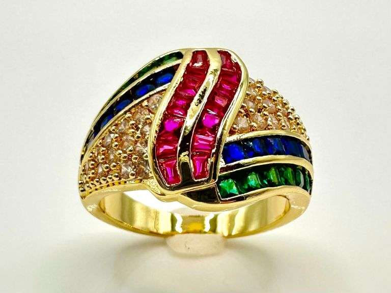 14 Kt. Gold Plate 4.75 Ctw Simulated Diamond Ruby, Sapphire, and Emerald Ring