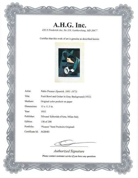 Rare Pablo Picasso Original Color Pochoir, Fruit Bowl and Guitar in Gray Background