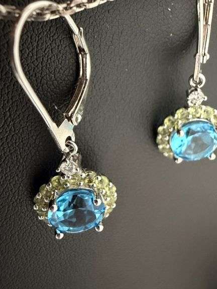 Genuine Blue Topaz & Peridot Halo Earrings in 925 Silver – Brilliant Color Contrast