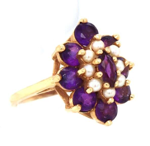 Fashionable 14K YG Amethyst and Pearl Cluster Ring
