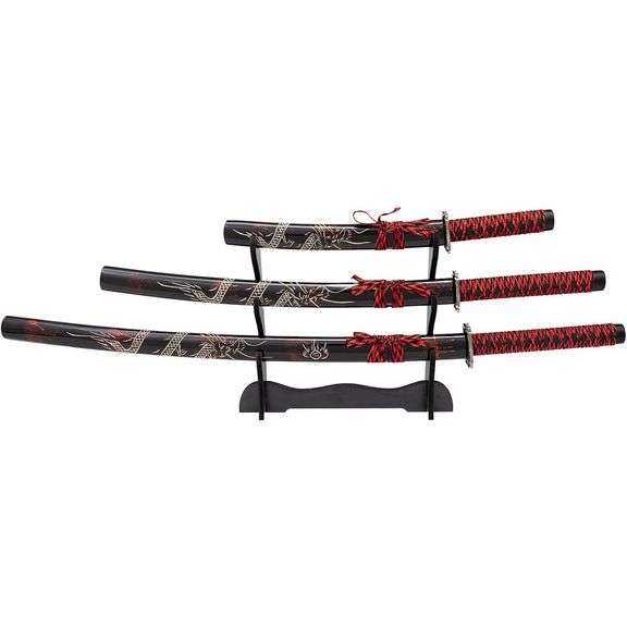 Three Japanese Samurai Sword Set Katana Wakizashi Tanto Full Tang