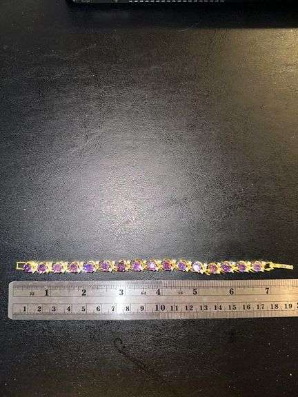 Beautiful 14 Kt Yellow Gold Plated Lab Simulated 16.5 Cttw Amethyst Diamond Tennis Bracelet