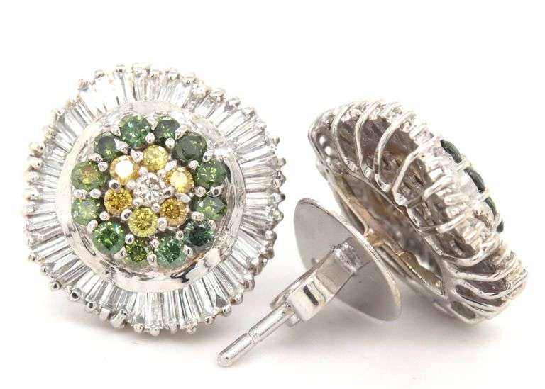 14kt White gold IRR green and yellow and baguette halo cluster earrings