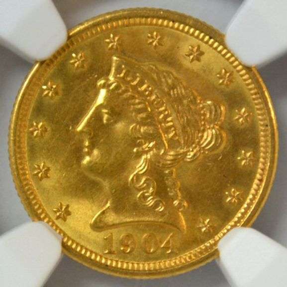 Super Gem BU 1904 US $2.50 Liberty Gold Piece. NGC MS65