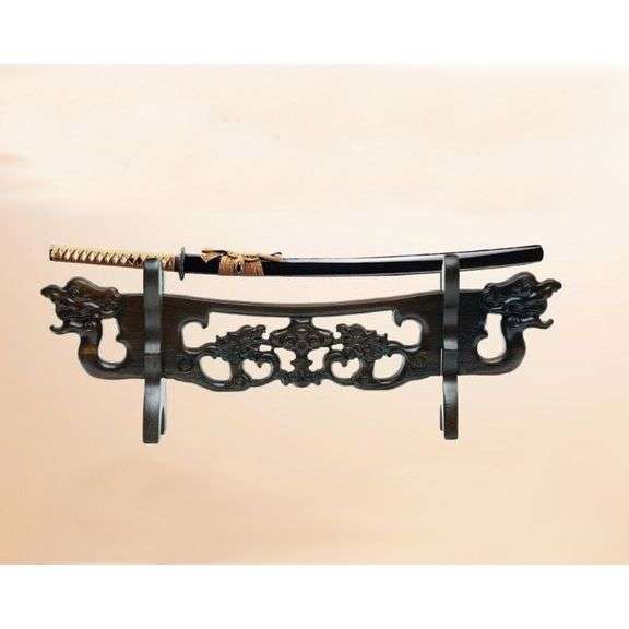Hand-Carved Wooden Sword Display Stand with Dragon Head Design