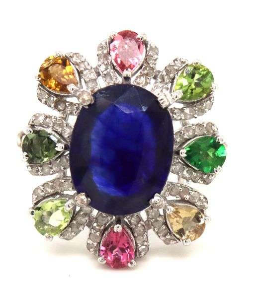 Fabulous 4.35CTS Oval Blue Sapphire, 1.30CTW Tourmaline  & Diamond Ring in 14KT White Gold Over Ster