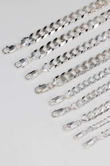 Sterling Silver - Italy Stamped - Super Flat Diamond-Cut Curb Lot - 9 Chains - 5.1mm to 11.3mm Wide 