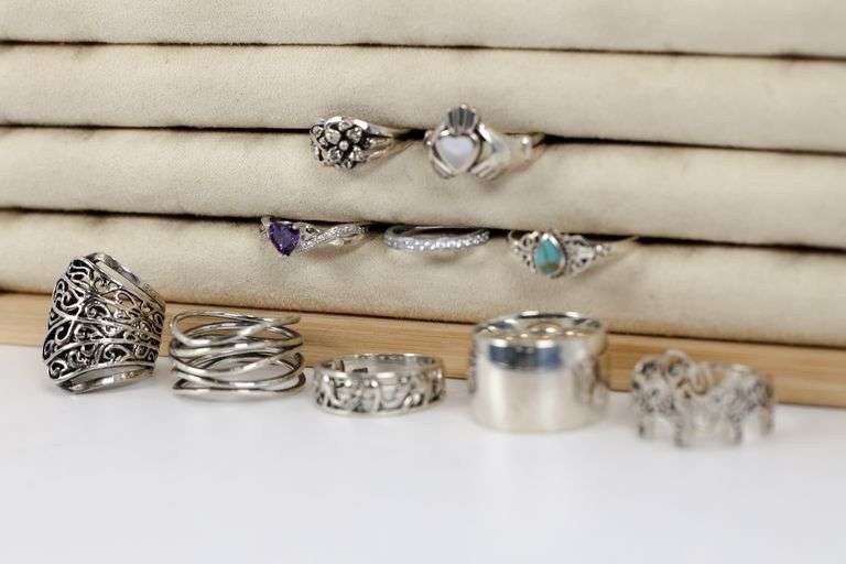 .925 Sterling Silver Curated Ring Lot of 10 Rings Various Sizes & Styles