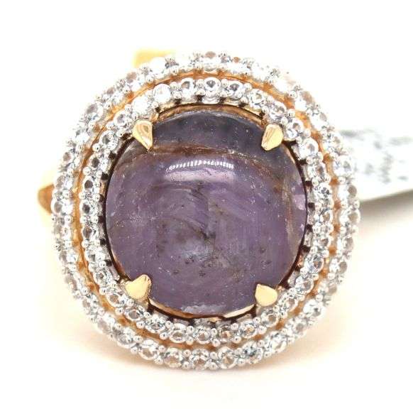 Gorgeous Massive 15.06CTS Round Cabochon-Cut Star Ruby & White Sapphire Ring in 14K Gold Over Sterli