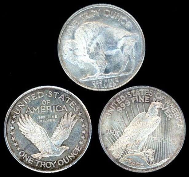 3 Different 1 Troy Ounce Silver Rounds with Coin Designs