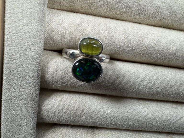 Sterling Silver Idocrase & Black Opal Gemstone Ring Size 6