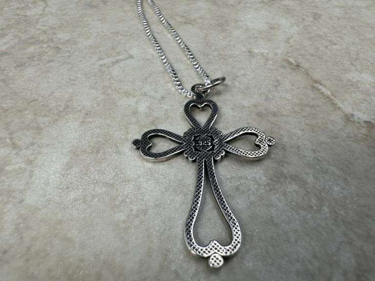 Elongated Heart Ornate Filigree Swirl Cross Pendant .925 Sterling Silver Charm