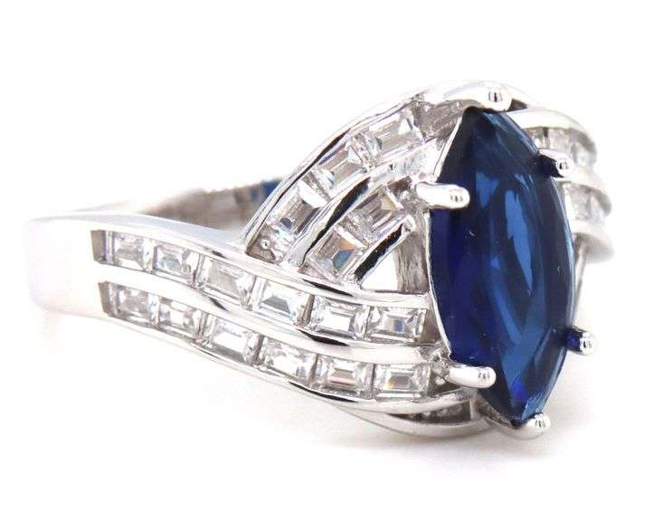 925 Sterling silver blue marquise and baguette cut white cubic zirconia ring