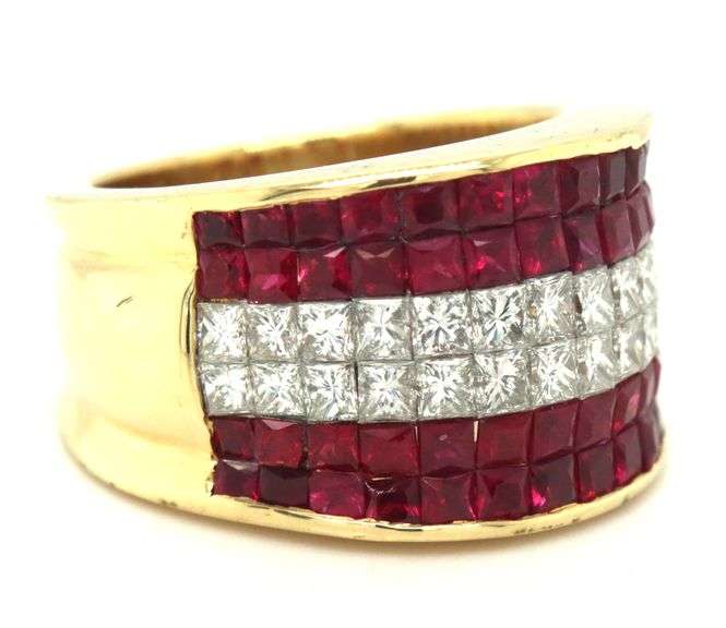 18kt Yellow gold six row ruby and diamond wide band