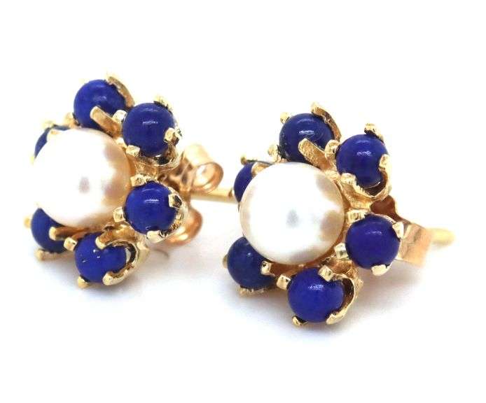 14kt Yellow gold Lapis and pearl flower stud earrings