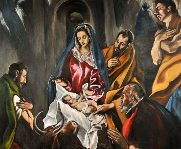 Highly Collectible After El Greco One of a kind oil on Canvas signed by the artist, Adoration of the