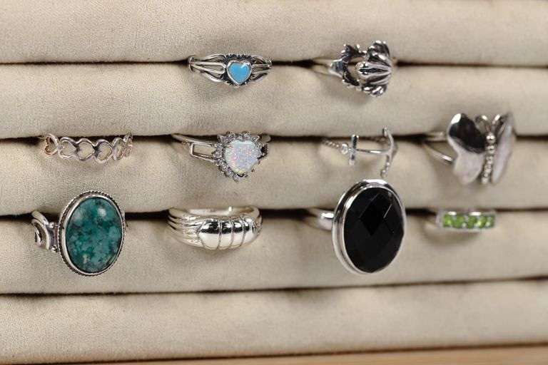 Sterling Silver Curated Ring Assortment Various Sizes & Styles (10 Ring Lot)