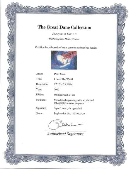 Peter Max Original Mixed Media with Acrylic Signed 'I Love The World'