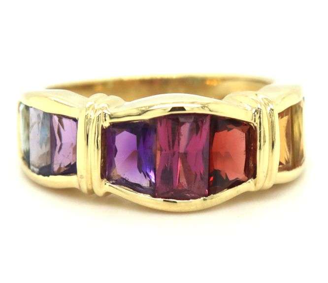 18kt Yellow gold multi color stone wave ring