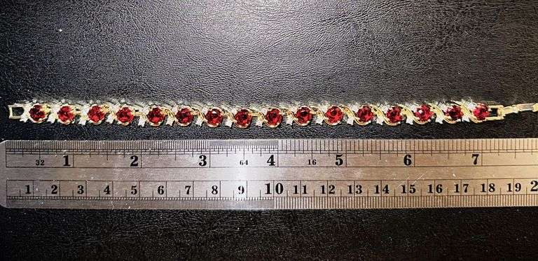 Gold Plated Lab Simulated 16.5 Cttw Red Ruby Diamond Tennis Bracelet