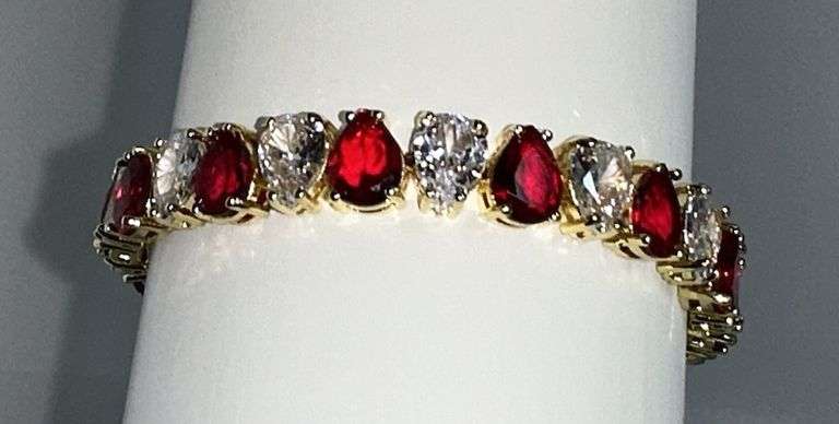 18 Kt Yellow Gold Plated Huge 32.5 Ctw Simulated Diamond and Ruby Tennis Bracelet