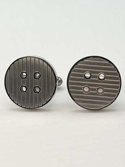 925 Sterling Silver Round Button Style Striped Pattern Cufflimks
