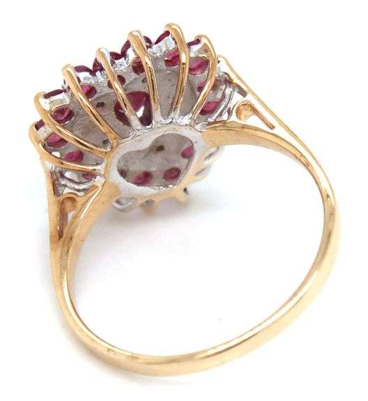 10kt Yellow gold pear shaped and round ruby and diamond accent ring