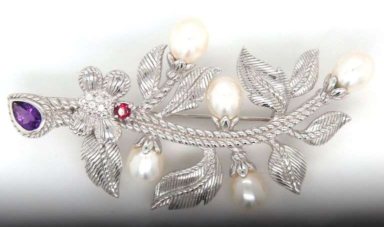 925 Sterling silver Judith Ripka fresh water pearl, amethyst and garnet brooch