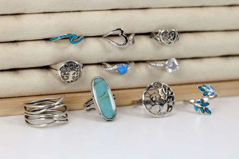 Sterling Silver .925 Curated Lot of 10 Rings Various Sizes & Styles