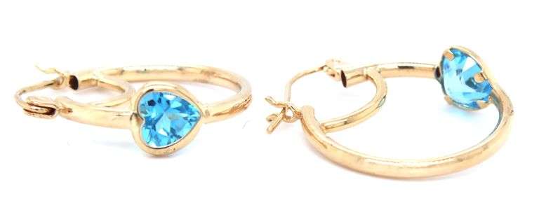 10kt Yellow gold heart shaped blue topaz hoop earrings