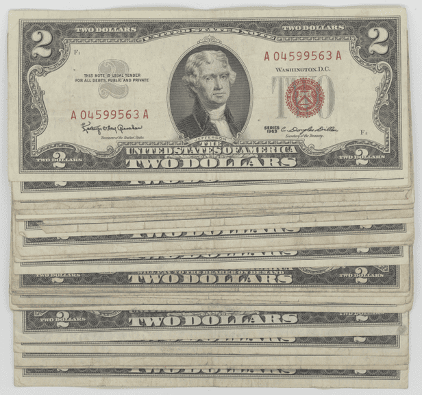 Large lot of 31 assorted 1953 & 1963 $2 Red Seal notes in circ