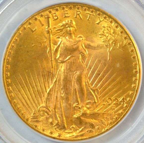 Solid Gem BU 1924 St. Gaudens $20 Gold Piece. PCGS MS65