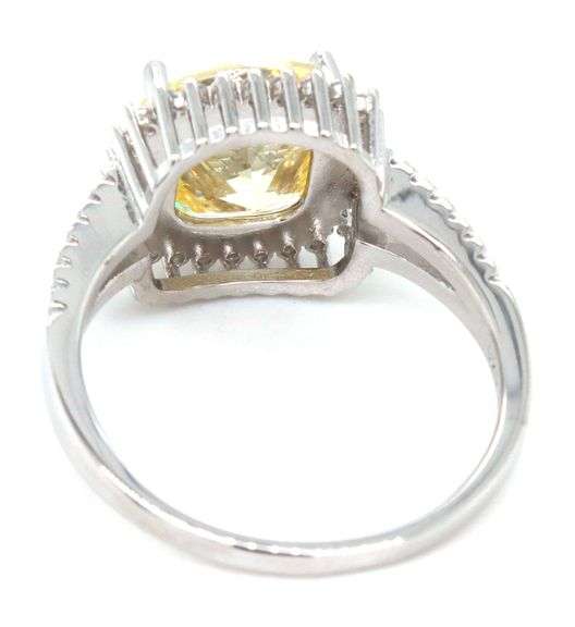 925 Sterling silver cushion cut yellow cubic zirconia with white cubic zirconia halo ring