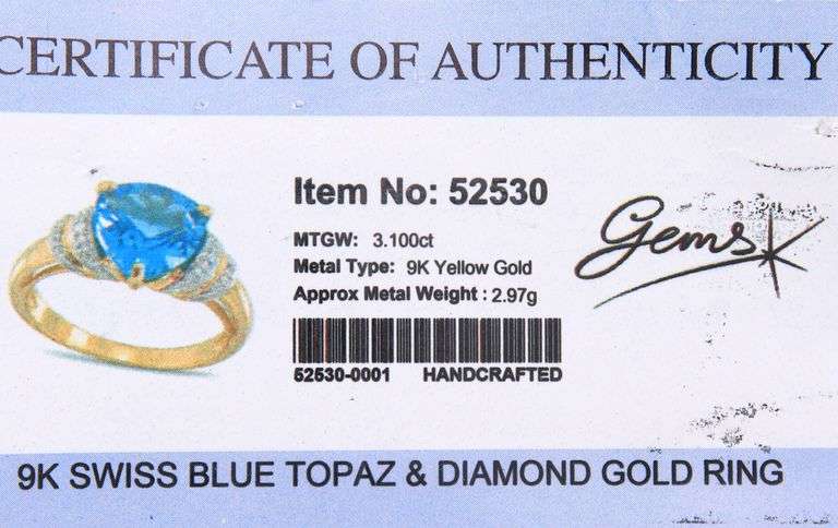 9kt Yellow gold 3ct Trillion swiss blue topaz and diamond accent ring