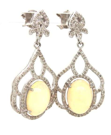 Enchanting Pair of 6.65CTW Oval Cabochon-Cut Opal W/ Fire and 1.30CTW Diamond Dangle Earrings in Ste