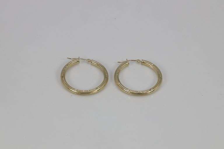 10k Yellow Gold Fancy Diamond Cut Hoop Earrings 30mm