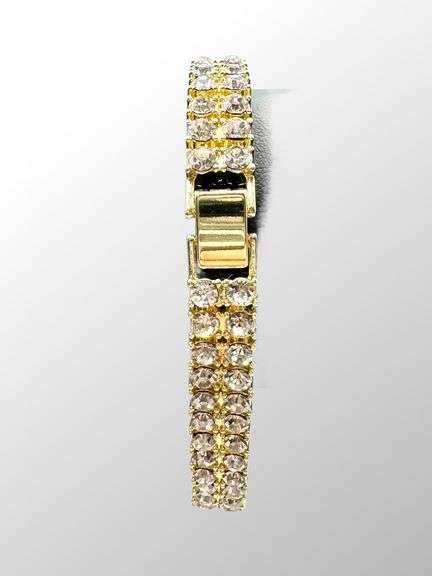 14 Kt Yellow Gold Plated, 2 Row Simulated Diamond Tennis Bracelet