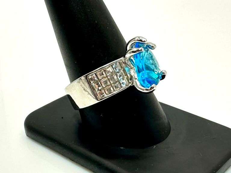 14 Kt White Gold Plate 3.5 Ct Simulated Blue Diamond Ring