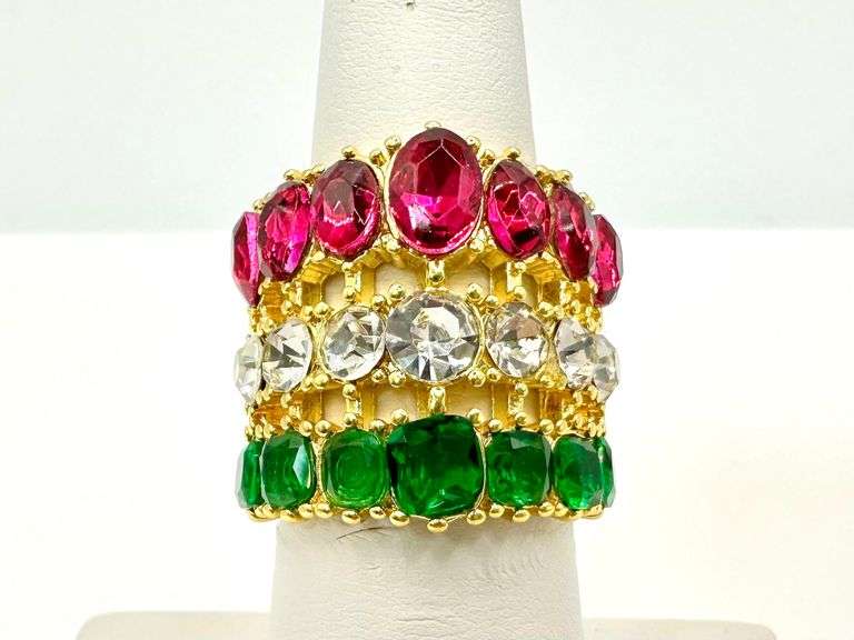 14 Kt Gold Plate Sparkling 17.5 Ctw Simulated Diamond Pink Sapphir and Emerald Ring