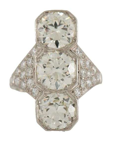 Vintage 5.75ctw European Diamond Art Deco Three Stone Ring in Platinum and Palladium