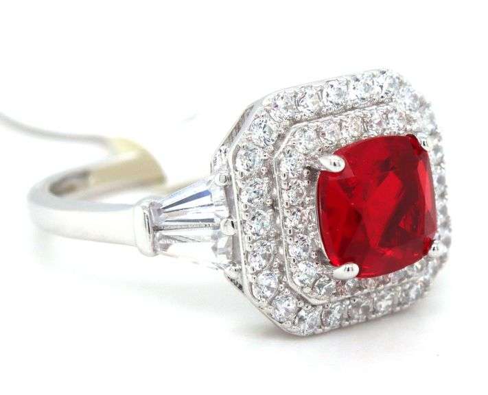 Red cushion cut and white round cubic zirconia ring in 925 sterling silver