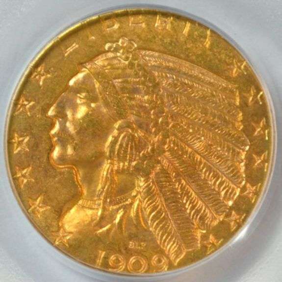 Old Green Label PCGS MS63 graded 1909-D $5 Indian Gold Piece
