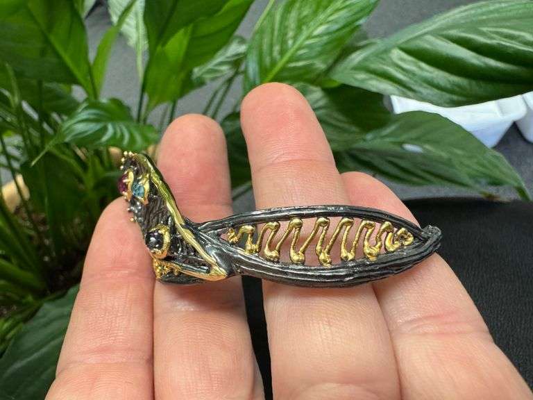 Oxidized & 18k Gold Plated Sterling Silver 925 Cuff Bracelet Adorned with Garnet, Amethyst & Aquamar