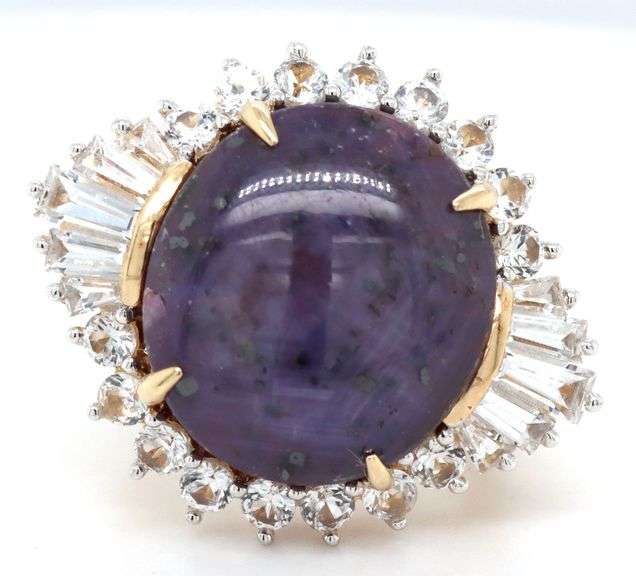 Enamoring Huge 23.96CTS Oval Cabochon-Cut Ruby & 2.53CTW Baguette & Round Faceted White Sapphire Rin