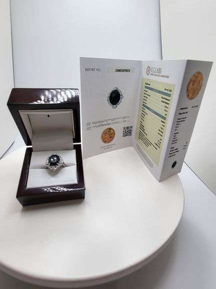 Very fine Black diamond 7.43 ctw with diamond accent set in silver ring, EGL certified