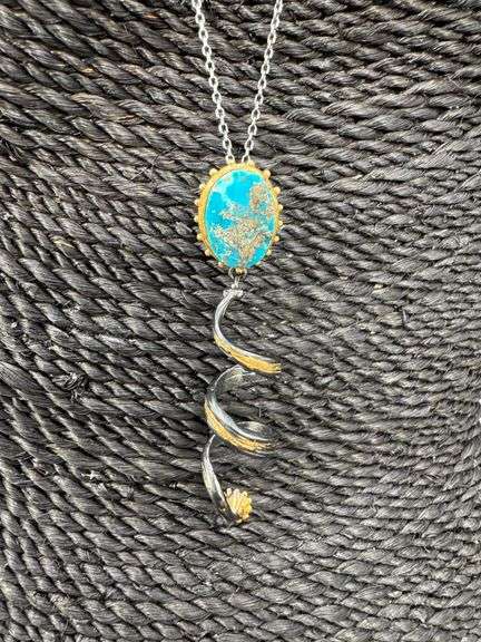 Persian Turquoise Pendant with Freshwater Pearl 18k Gold over Oxidized 925 Sterling Silver 24" Neckl